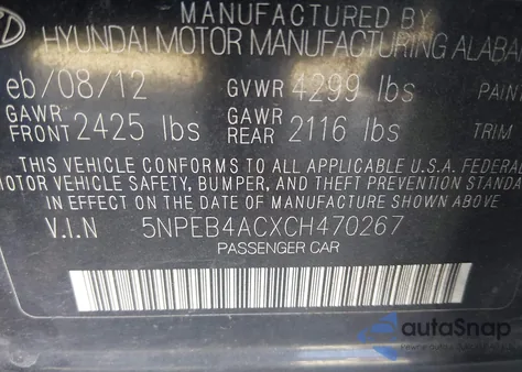 2012 Hyundai Sonata Gls z USA, uszkodzony, nr VIN 5NPEB4ACXCH470267